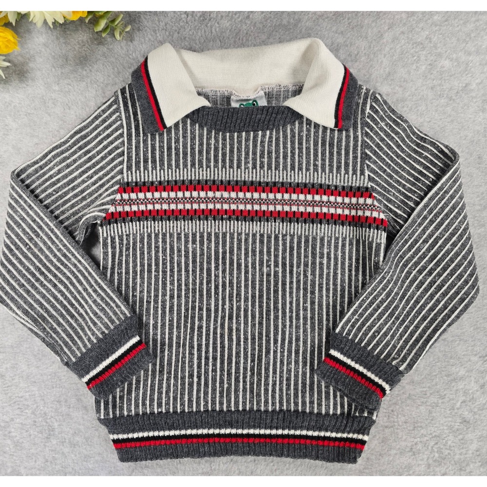 Vintage Bull Frog Knits Size 4T Acrylic Gray Stripe Polo‎ Sweater Made USA